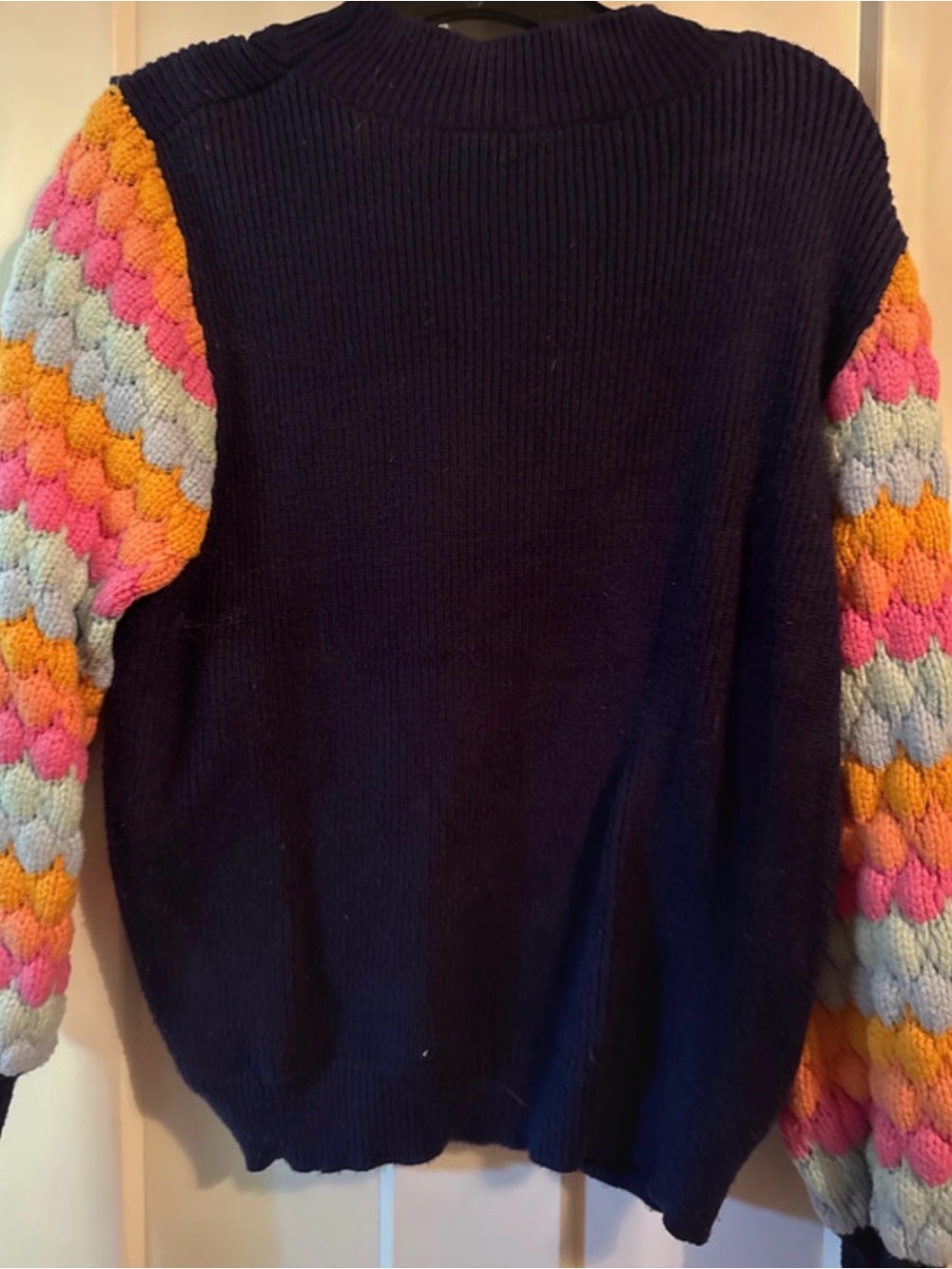 THML Navy Crewneck Sweater with Multicolor Bubble Knit Sleeves